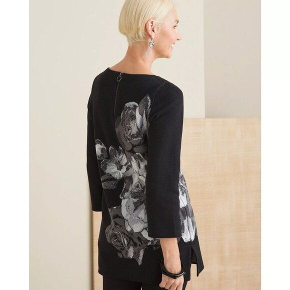 Chico's 2 Large Floral Print Knit Tunic Sweater Black Grey White Roses Back Zip - Picture 3 of 13
